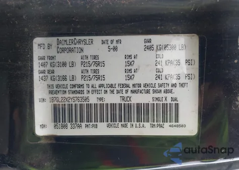 2000 Dodge Dakota z USA, uszkodzony, nr VIN 1B7GL22X2YS763505